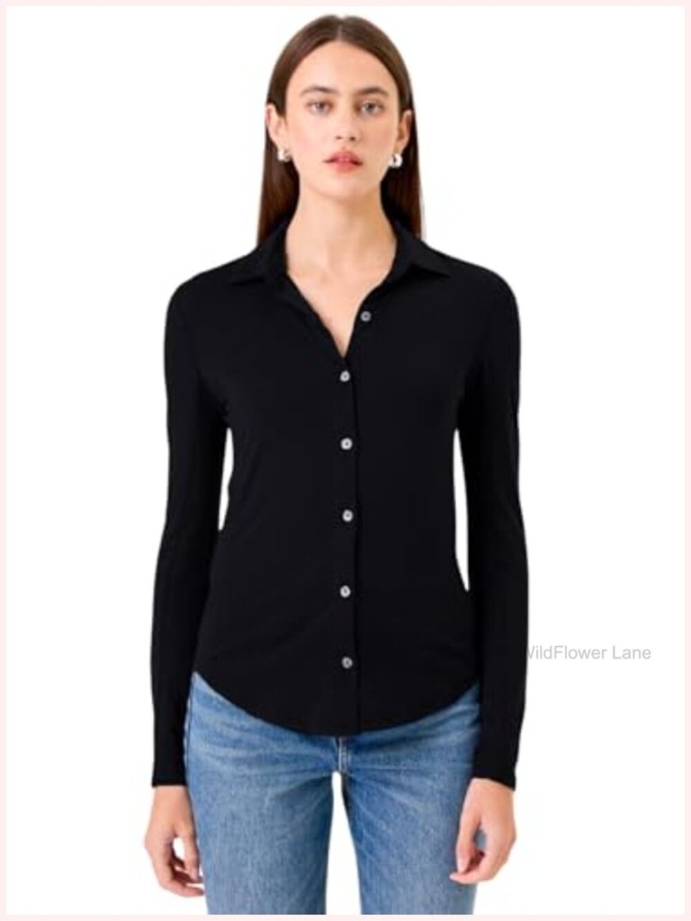 Women's Jersey Slub Button Down Collared Long Sleeve Blouse